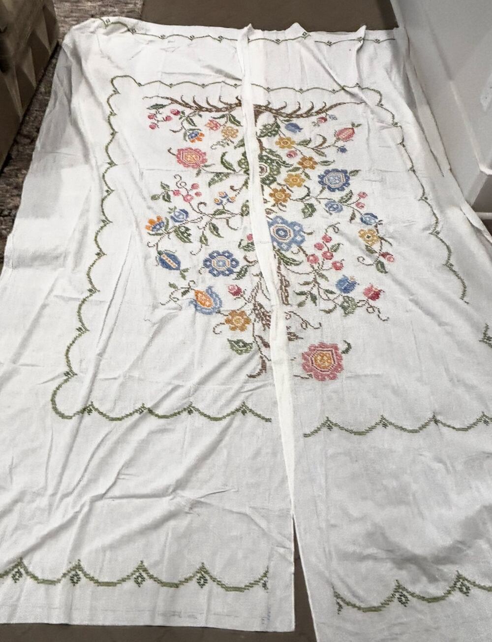Vintage Handmade Cross Stitch Embroidery Panels Tree of Life Floral 87"